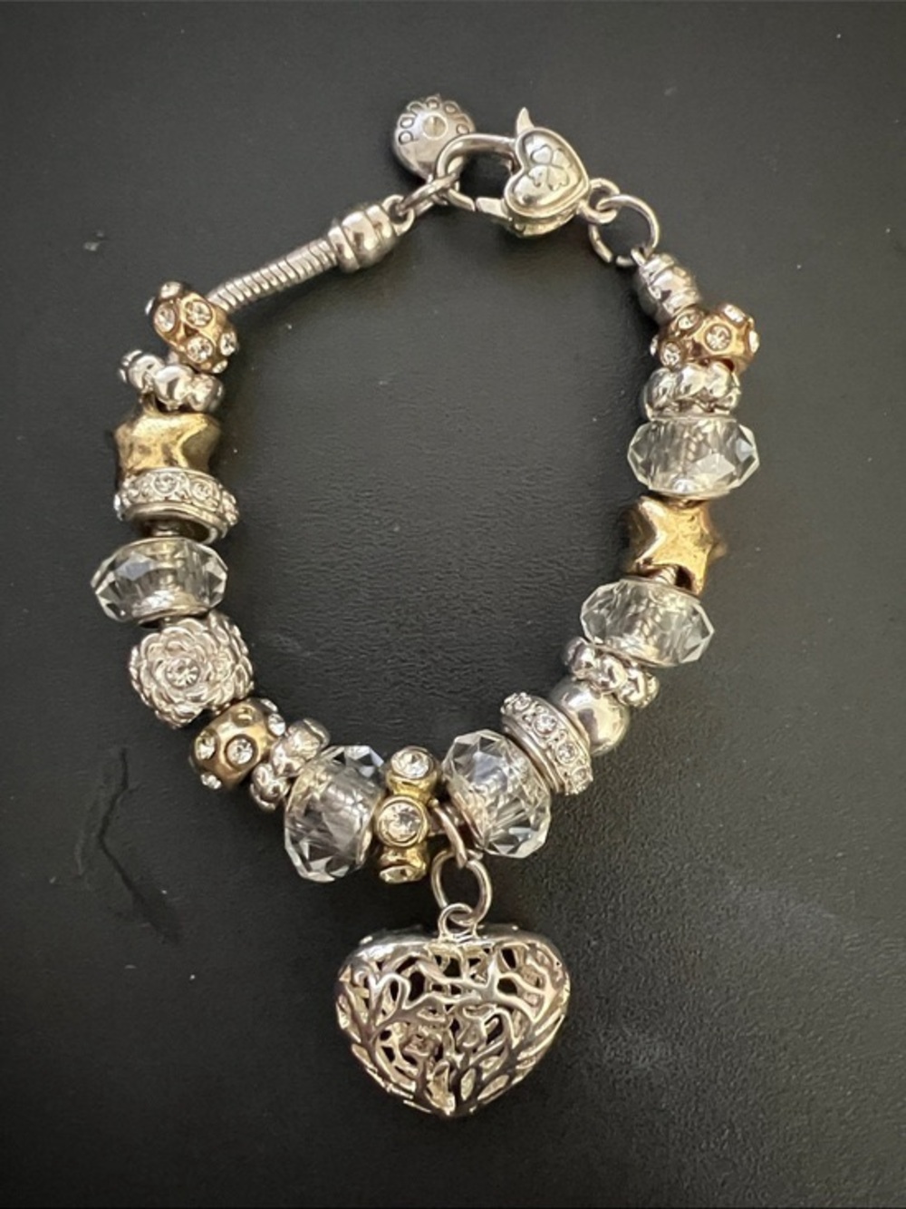 Silver and Gold Heart Charm Beaded Bracelet - Women's Jewelry